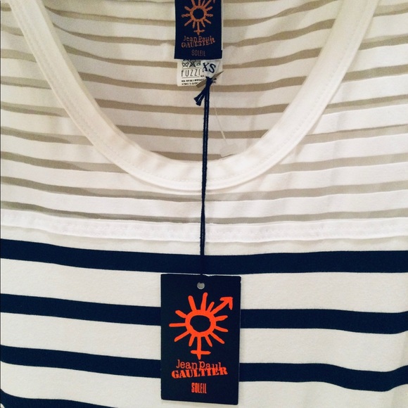 JEAN PAUL GAULTIER NAVY/WHITE STRIPE HANDKERCHIEF HEM DRESS SEMI SHEER SIZE XS - Picture 2 of 7